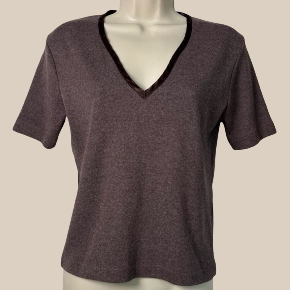 Vintage Chazzz By Charles Chailian Brown V Neck Top Satin Trim MD In USA SZ L